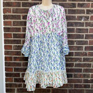 Maison Tara Tiered Mini Dress Floral Spring Easter Sz M White Pink Blue Pastel